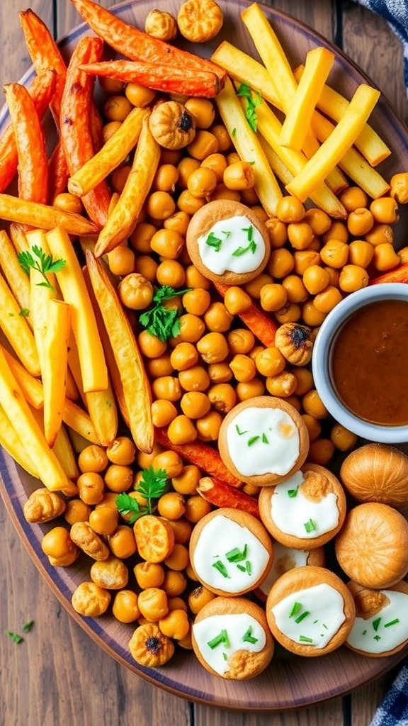 An array of quick air fryer snacks including French fries, baby carrots, chickpeas, and mozzarella bites on a wooden platter.